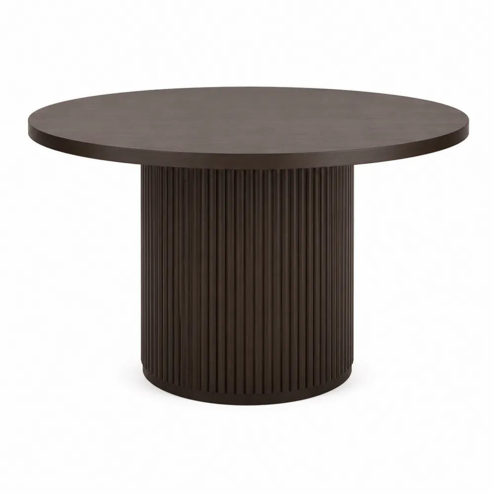 Tavolo da pranzo rotondo piano MDF rivestimento melaminico effetto noce scuro base cilindrica in acciaio verniciato nero diametro 110 cm altezza 75 cm