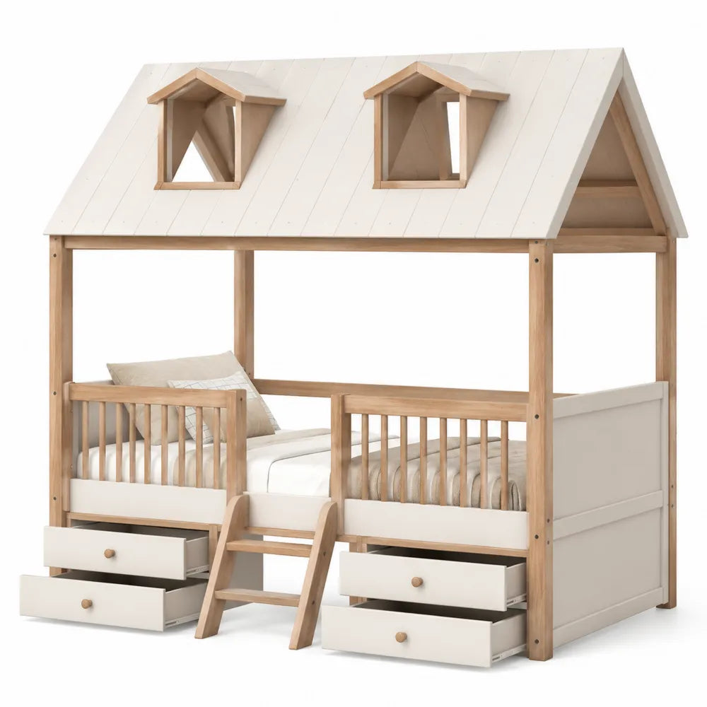 Letto per bambini a casetta rialzato 205 x 98 x 210 cm con cassetti scala struttura in pino e MDF bianco e legno naturale