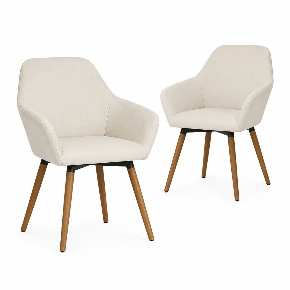 Set 2 sedie da pranzo imbottite beige con braccioli gambe effetto legno e supporti neri 52 x 54 x 83 cm
