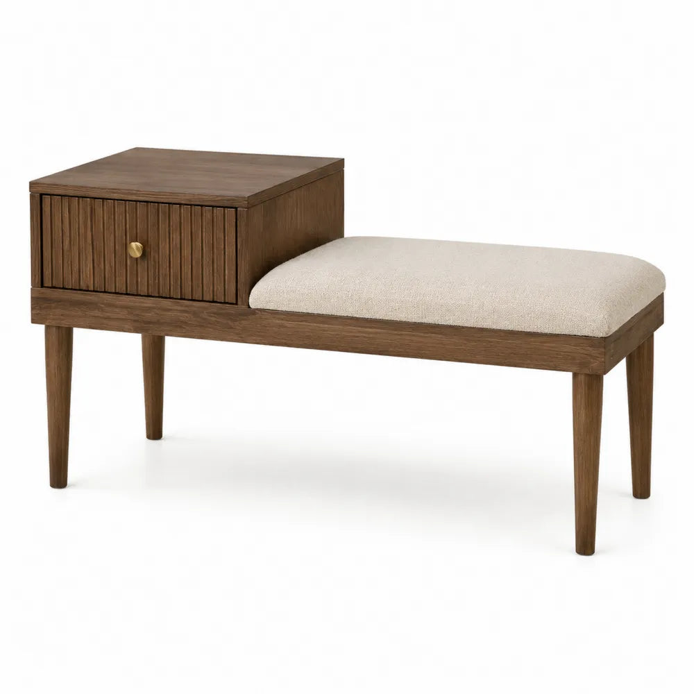 Panca contenitore rettangolare in legno effetto noce con cassetto e seduta imbottita beige chiaro 120 x 45 x 50 cm