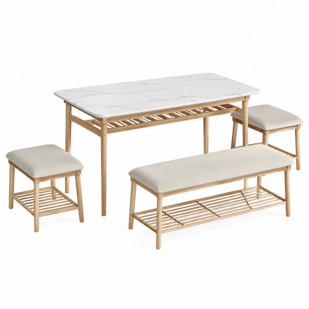 Set tavolo da pranzo rettangolare con piano effetto marmo bianco panca e 2 sgabelli in legno naturale 140 x 80 x 75 cm