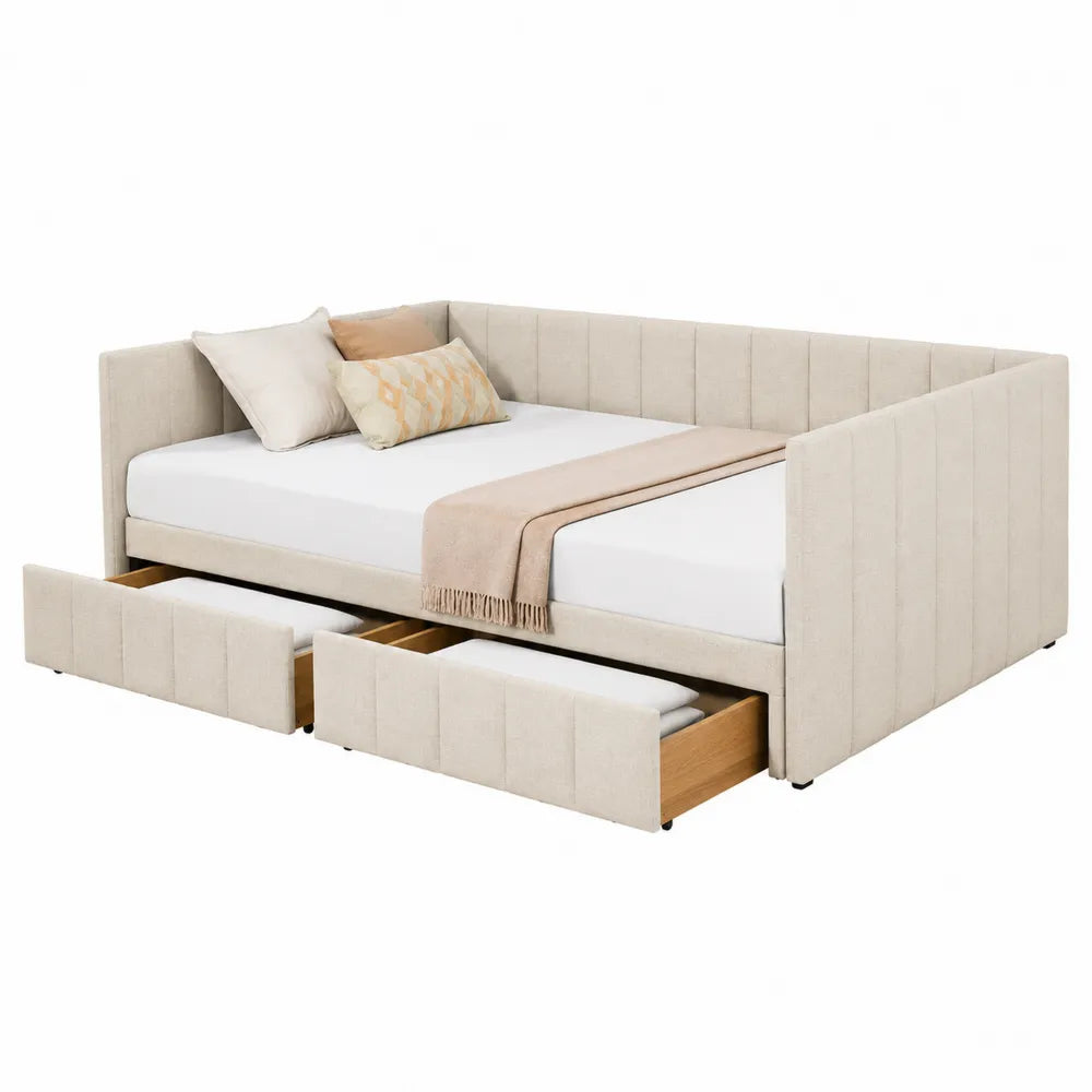 Letto singolo contenitore tipo divano 205 x 98 x 85 cm per materasso 90 x 200 cm con cassetti rivestimento in tessuto di poliestere beige chiaro e struttura in legno