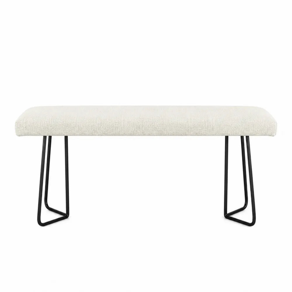 Panca imbottita in tessuto bouclé colore crema con gambe in acciaio nero 120 x 40 x 45 cm
