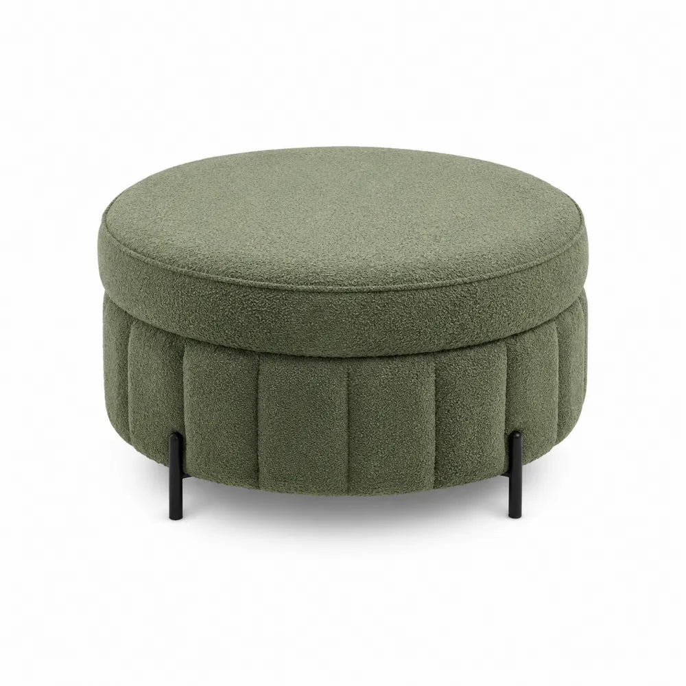 Pouf poggiapiedi rotondo imbottito in tessuto bouclé verde oliva con gambe in acciaio nero diametro 70 cm altezza 40 cm