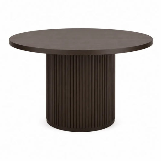 Tavolo da pranzo rotondo piano MDF rivestimento melaminico effetto noce scuro base cilindrica in acciaio verniciato nero diametro 110 cm altezza 75 cm