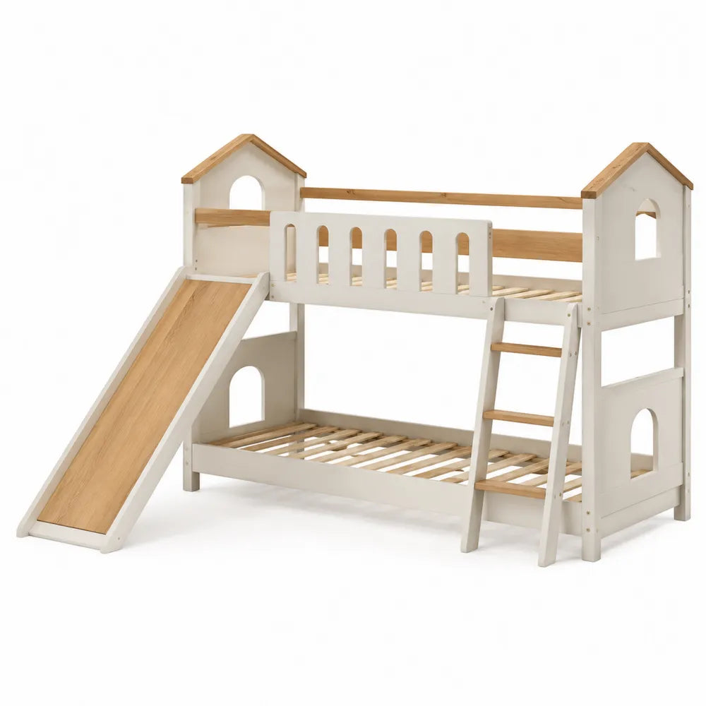 Letto a castello per bambini con scivolo scala e sponde in MDF e pino bianco e legno naturale 205 x 240 x 160 cm