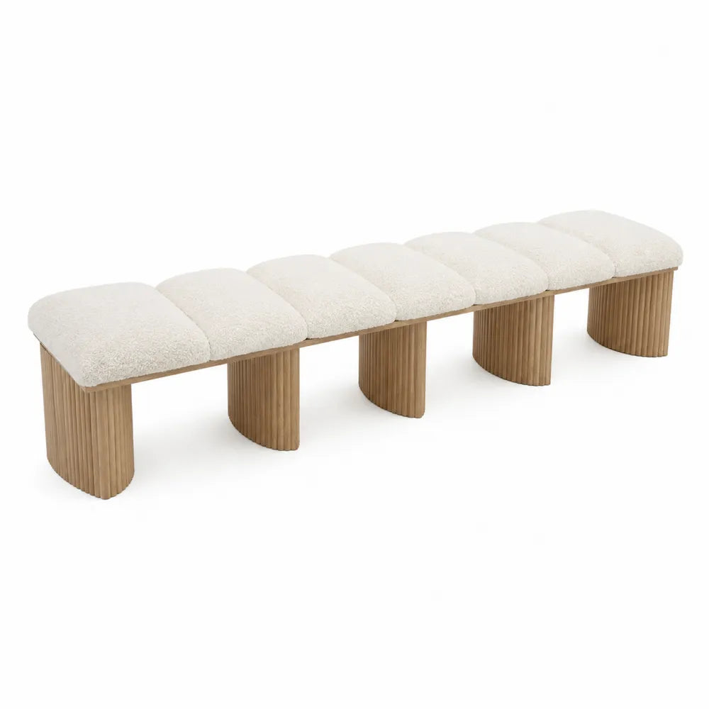 Panca imbottita rettangolare in tessuto bouclé beige chiaro con base in legno naturale 180 x 40 x 45 cm