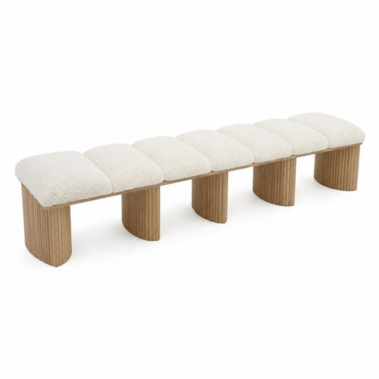 Panca imbottita rettangolare in tessuto bouclé beige chiaro con base in legno naturale 180 x 40 x 45 cm