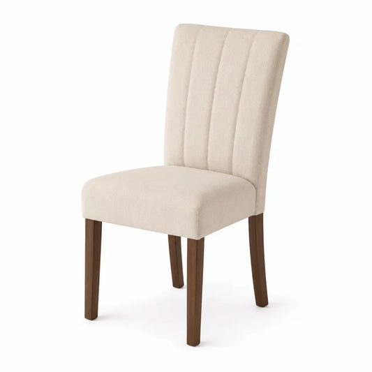Sedia da pranzo imbottita in tessuto beige con gambe in legno color noce e schienale scanalato 45 x 55 x 85 cm