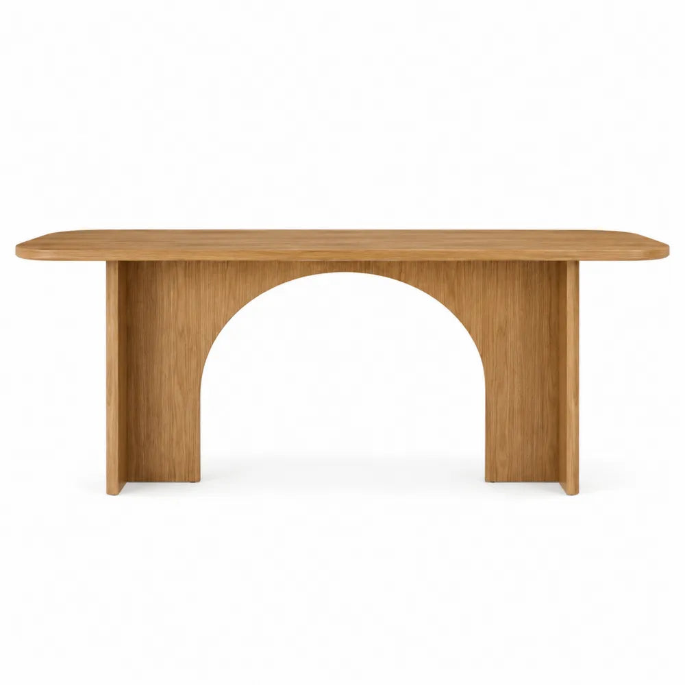 Tavolo da pranzo rettangolare con angoli arrotondati in MDF effetto rovere chiaro supporto centrale ad arco 180 x 80 x 75 cm