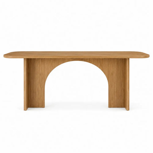 Tavolo da pranzo rettangolare con angoli arrotondati in MDF effetto rovere chiaro supporto centrale ad arco 180 x 80 x 75 cm