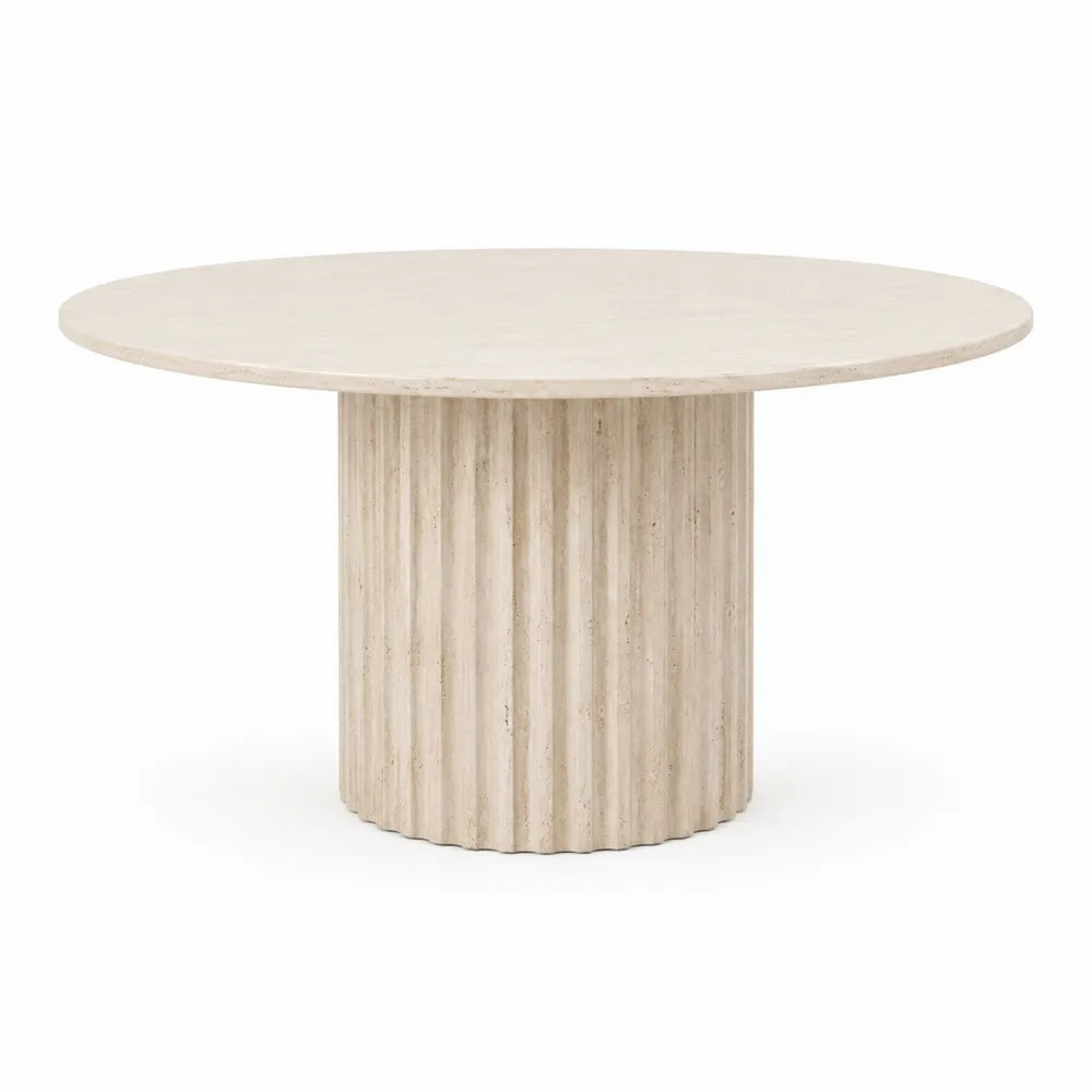 Tavolo da pranzo rotondo con piano in pietra sinterizzata effetto travertino beige e base cilindrica scanalata 120 x 120 x 75 cm