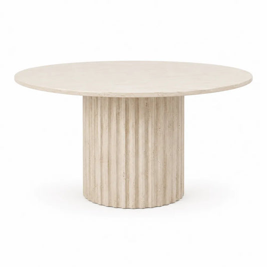 Tavolo da pranzo rotondo con piano in pietra sinterizzata effetto travertino beige e base cilindrica scanalata 120 x 120 x 75 cm