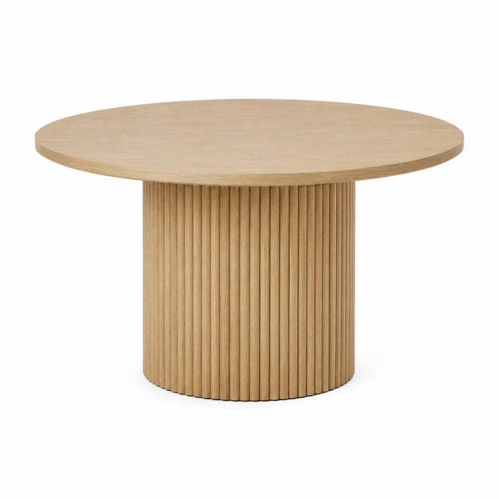 Tavolo da pranzo rotondo piano MDF impiallacciato rovere chiaro base cilindrica in doghe verticali diametro 120 cm altezza 75 cm