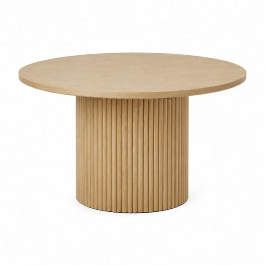 Tavolo da pranzo rotondo piano MDF impiallacciato rovere chiaro base cilindrica in doghe verticali diametro 120 cm altezza 75 cm