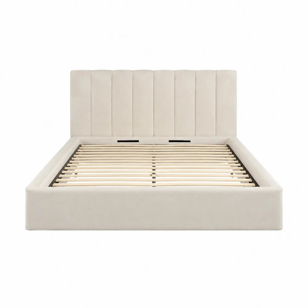 Letto matrimoniale imbottito 215 x 170 x 110 cm per materasso 160 x 200 cm con testiera a pannelli verticali in tessuto di poliestere beige chiaro e rete a doghe