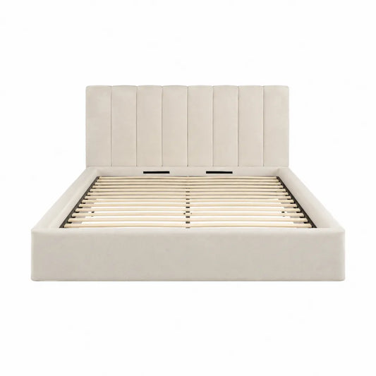 Letto matrimoniale imbottito 215 x 170 x 110 cm per materasso 160 x 200 cm con testiera a pannelli verticali in tessuto di poliestere beige chiaro e rete a doghe