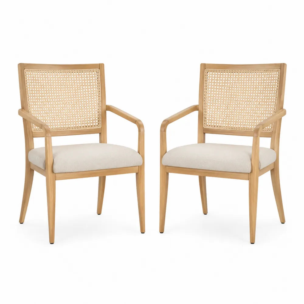 Set di 2 sedie da pranzo con braccioli in legno massello di faggio e rattan naturale seduta imbottita beige 54 cm x 55 cm x 84 cm