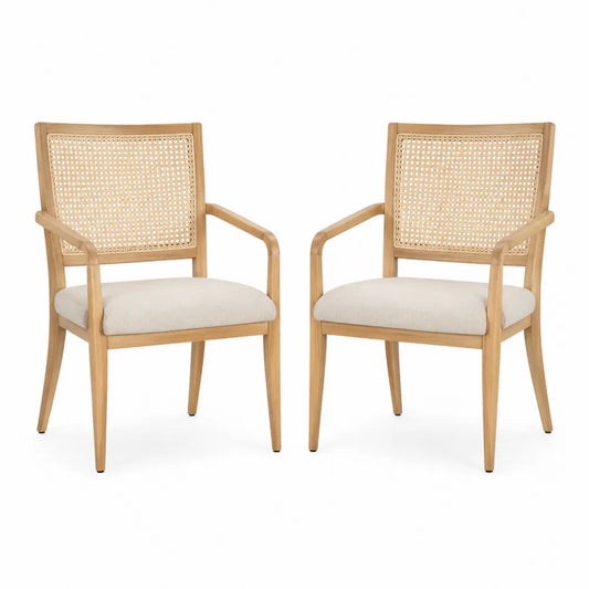 Set di 2 sedie da pranzo con braccioli in legno massello di faggio e rattan naturale seduta imbottita beige 54 cm x 55 cm x 84 cm