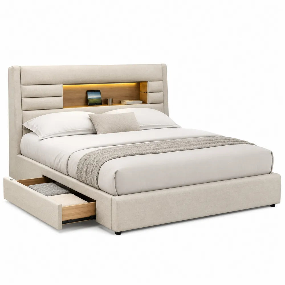 Letto matrimoniale contenitore imbottito 215 x 170 x 110 cm per materasso 160 x 200 cm con testiera con mensola luce integrata tessuto di poliestere beige chiaro e finitura legno naturale