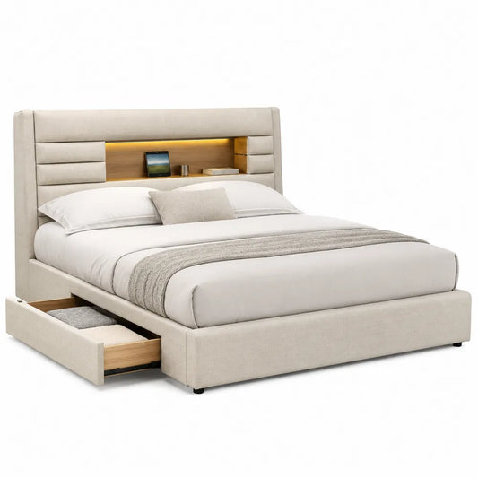 Letto matrimoniale contenitore imbottito 215 x 170 x 110 cm per materasso 160 x 200 cm con testiera con mensola luce integrata tessuto di poliestere beige chiaro e finitura legno naturale