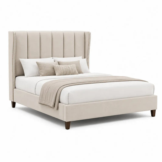 Letto matrimoniale imbottito in tessuto beige con testiera alta trapuntata struttura in legno e MDF rete a doghe 160 x 200 x 110 cm