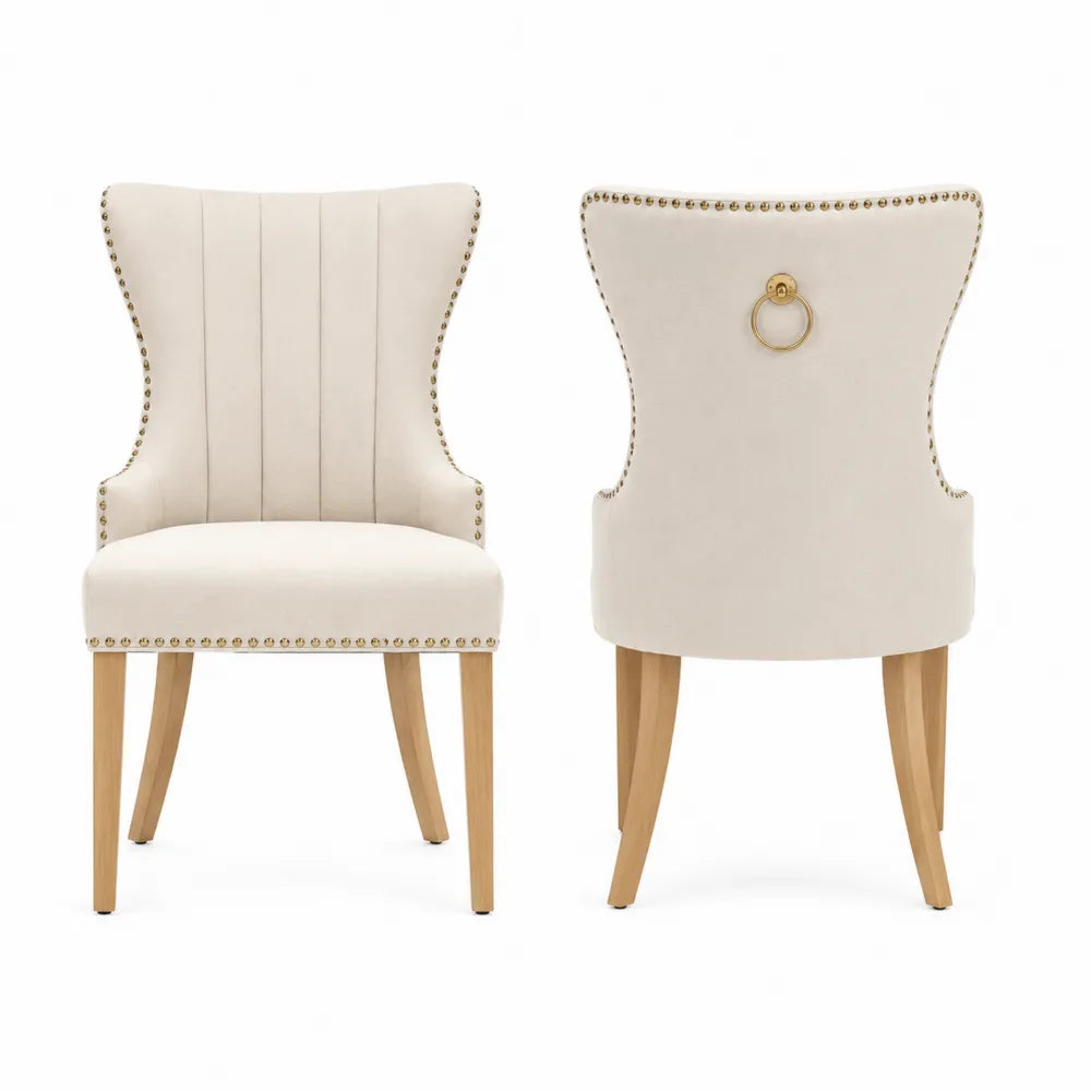 Set 2 sedie da pranzo imbottite beige con borchie oro schienale alto e gambe in faggio naturale 55 x 58 x 85 cm
