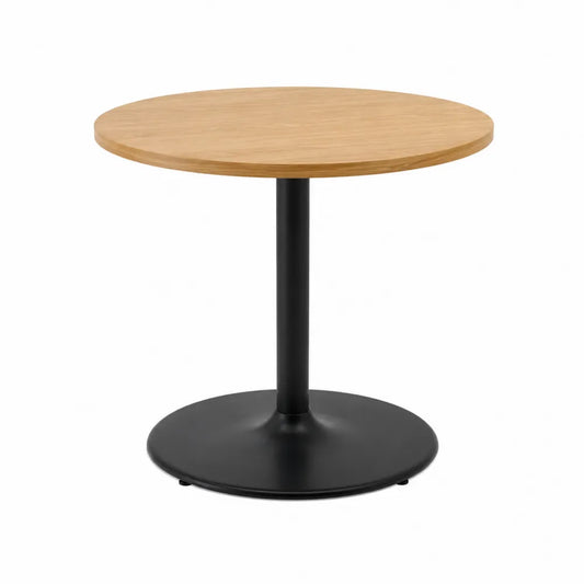 Tavolo da pranzo rotondo MDF impiallacciato rovere chiaro base centrale in acciaio verniciato nero diametro 90 cm altezza 75 cm