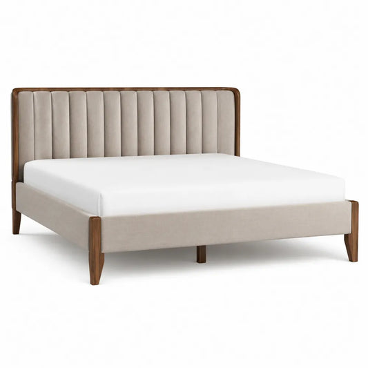 Letto matrimoniale imbottito rettangolare 215 x 170 x 110 cm per materasso 160 x 200 cm con testiera a pannelli verticali in tessuto di poliestere beige e struttura in legno naturale