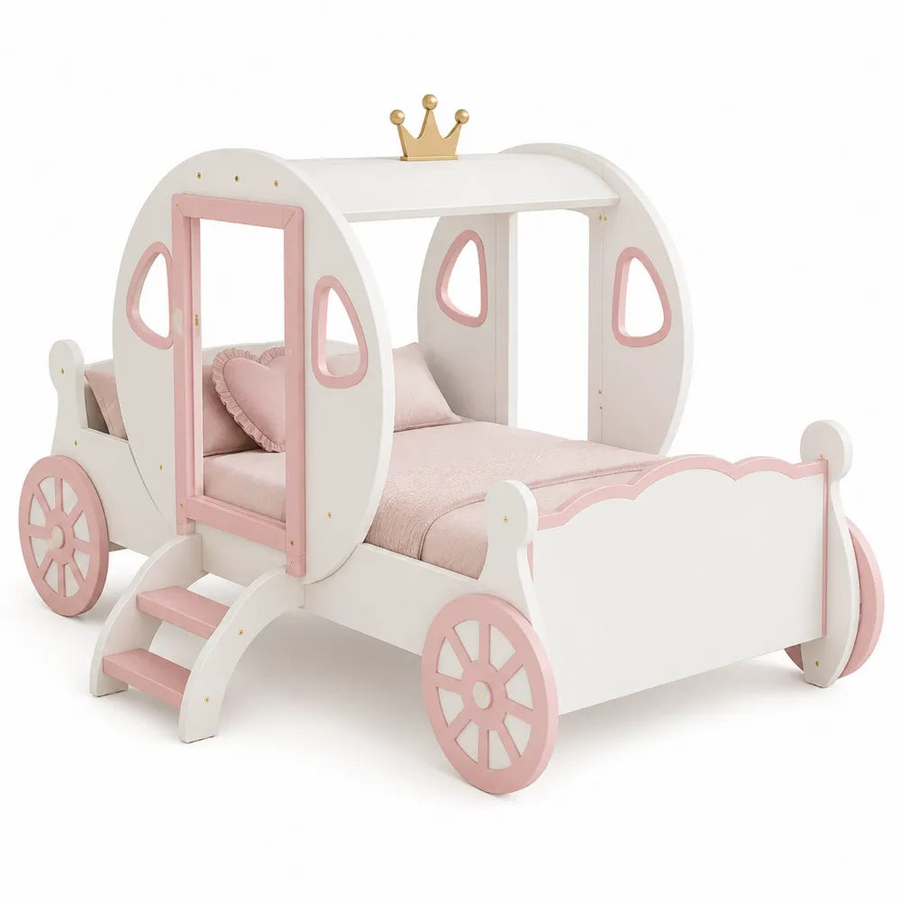 Letto per bambini a forma di carrozza in legno e MDF con ruote rete a doghe 210 x 110 x 135 cm colore bianco rosa oro