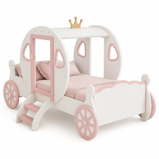 Letto per bambini a forma di carrozza in legno e MDF con ruote rete a doghe 210 x 110 x 135 cm colore bianco rosa oro