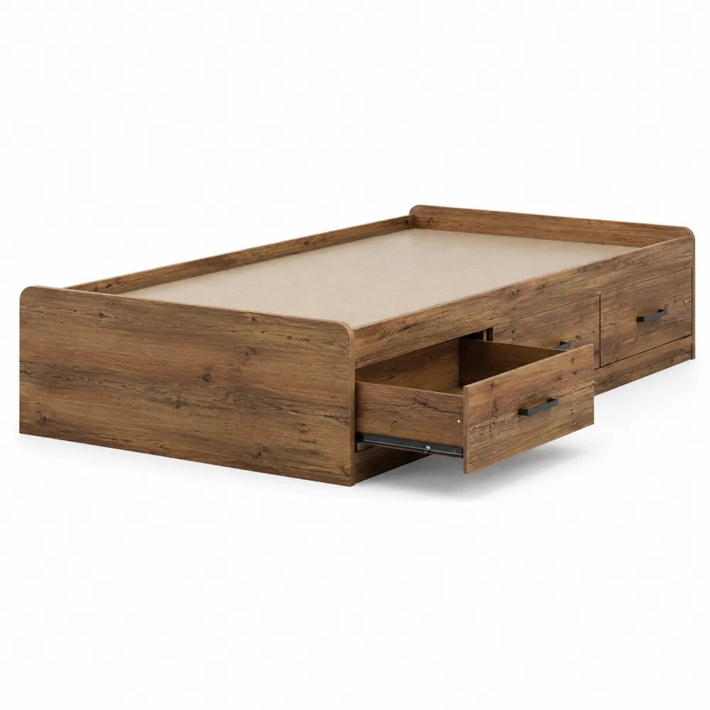 Letto singolo contenitore in MDF effetto rovere naturale 205 x 95 x 65 cm con cassetti laterali maniglie nere e base per materasso 90 x 200 cm