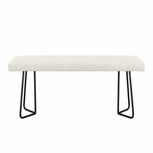 Panca imbottita in tessuto bouclé colore crema con gambe in acciaio nero 120 x 40 x 45 cm