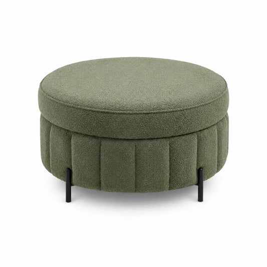 Pouf poggiapiedi rotondo imbottito in tessuto bouclé verde oliva con gambe in acciaio nero diametro 70 cm altezza 40 cm